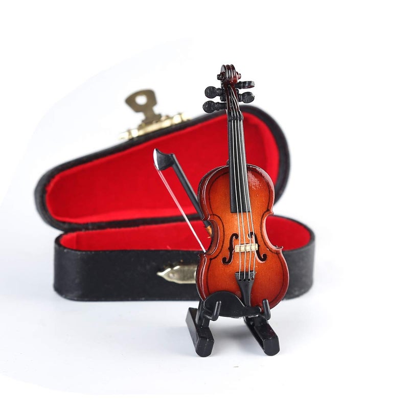 Dselvgvu Wooden Miniature Violin with Stand, Bow and Case Mini Violin Musical Instrument Replica Collectible Figurines Collection Decorative Ornament Dollhouse Accessories Model (3.15"x1.18"x0.59") - Image 5